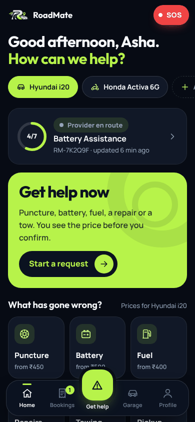 The RoadMate app home screen: greeting, saved vehicle, an active request with its progress ring, a Get help now card and service tiles with prices.